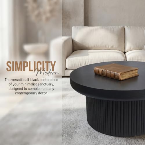 33.5" Round Coffee Table with Real Wood Parquet Top,Black | Mid-Century Modern Tea Table Center Table, Thickened Tabletop, Sturdy Base for living Room, Easy Assembly - color: E-33.5" Black