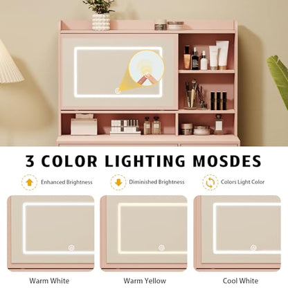 Viaozutis Vanity Desk with a Mirror and Lights，with Chair and Four Drawers, Three Adjustable Lighting Modes，with Power Outlet and Sliding LED Mirror,Bedroom Vanity Desk (Pink) - style: Pink