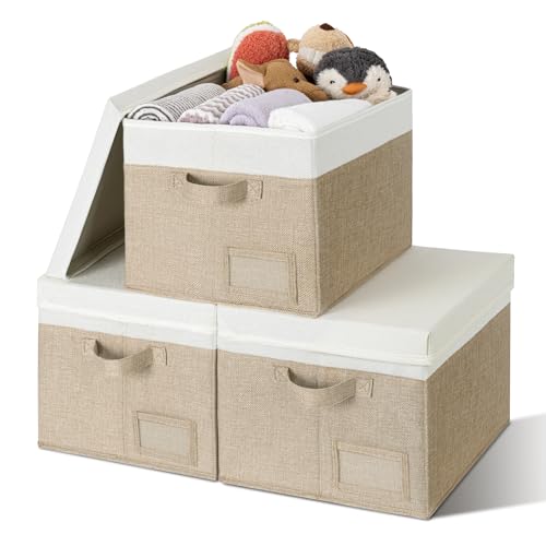 GRANNY SAYS Storage Bins with Lids, Decorative Storage Boxes with Lids | Storage Box with Dust Cover, Handles & Lable, Collapsible, Ideal for Closet Clothes Blanket Toys, Large, White&khaki, 3-Pack - color: White&Khaki, size: Large
