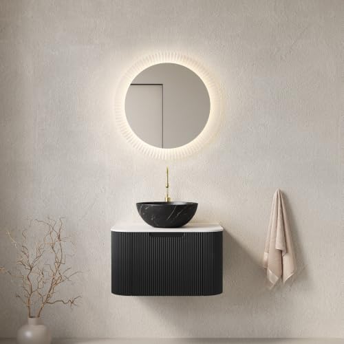 24" Floating Bathroom Vanity with Sink, Wall Mounted Plywood Cabinet, Black Fluted Front, Sintered Stone Countertop, Black Marble-Look Ceramic Bowl Vessel Sink, Soft-Close Drawer, Pre-Assembled - color: Black Cabinet / Black Marble Bowl Sink, size: 24 Inc