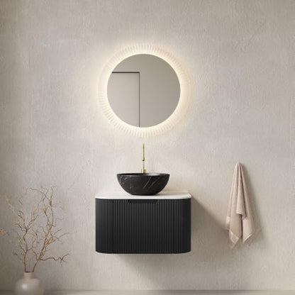 24" Floating Bathroom Vanity with Sink, Wall Mounted Plywood Cabinet, Black Fluted Front, Sintered Stone Countertop, Black Marble-Look Ceramic Bowl Vessel Sink, Soft-Close Drawer, Pre-Assembled - color: Black Cabinet / Black Marble Bowl Sink, size: 24 Inc