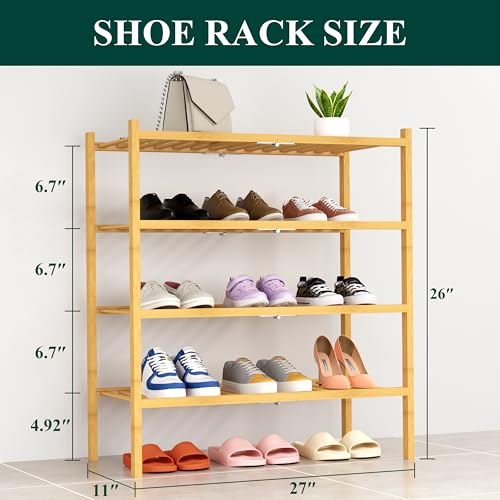 Smiry Bamboo Shoe Rack, 14 Vertical Slats, 4 Tier - 26.8" Wide, Natural | Stackable Free Standing Wooden Shoe Organizer, Wood Shoe Storage Shelf for Closet, Entryway, Thicher Leg - color: Natural, size: 26.80" Wide - 4 Tier - Thicker