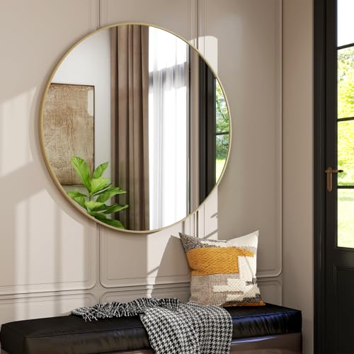 42 Inch Round Bathroom Mirror - Gold Wall Mounted Circle Mirror with Metal Frame, Modern Round Hanging Mirror Suitable for Bathroom, Vanity, Entryway, Living Room - color: Gold, size: 42"L x 42"W