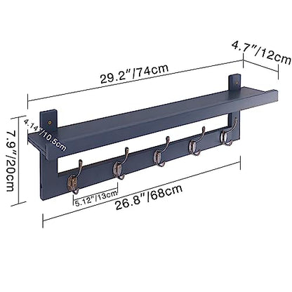 SMIBUY Coat Hooks with Shelf Wall-Mounted, 29.2 Inch Entryway Coat Rack for Wall, Bamboo Hanging Shelf with 5 Double Metal Hooks for Bathroom, Bedroom, Kitchen, Living Room, Mudroom (Grey) - color: Gray