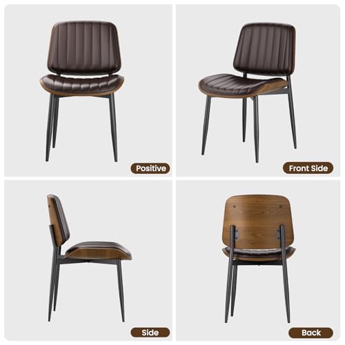 YaFiti Mid Century Dining Chairs with Walnut Bentwood, Set of 2, Brown | Ergonomic Walnut Backrest, Upholstered Waterproof PU Leather Seat, Stable Metal Legs, Adjustable Footpads, Apartment Friendly - color: Brown Pinstripe