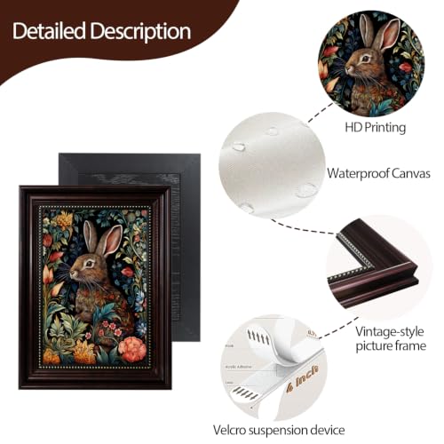 William Morris Framed Rabbit Canvas Wall Art Retro Mid Century Country Animal Wall Decor Pictures Dark Academia Botanical Floral Poster Prints for Office Living Room Home Decoration 12x16in - color: Rabbit, size: 16"L x 12"W