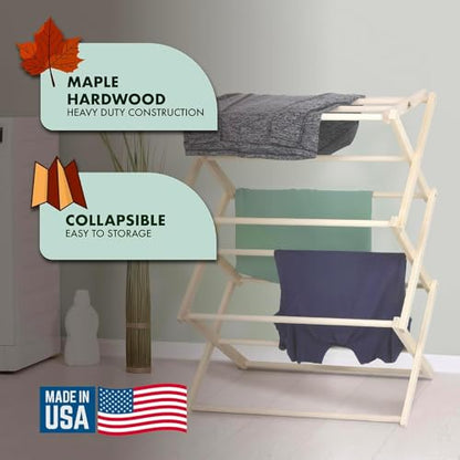 Premium American Maple Clothes Drying Rack - Handcrafted in Pennsylvania - Solid Wood Construction, Collapsible, Eco-Friendly Laundry Solution (X-Large) - color: X-large | Flat Top
