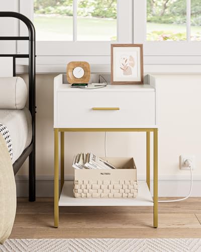Masupu Nightstand with Charging Station,3-Tier Modern Bedside Night Stand with Storage Drawer and Shelf,Small End Side Table for Bedroom,Living Room,White - color: White