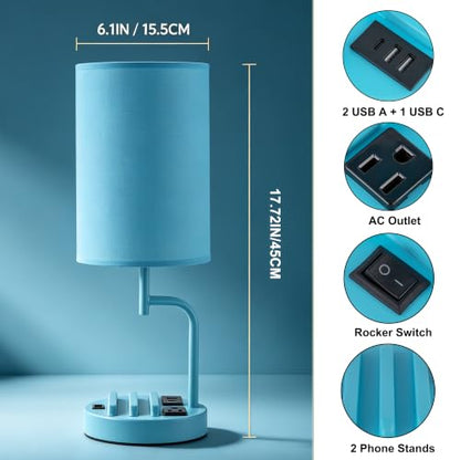 Dreamholder 2 Pack Table Lamp, Bedside Lamp with 3 USB Charging Ports & AC Outlet, USB Desk Lamp with 2 Phone Holders, Linen Fabric Shade Nightstand Lamps for Bedroom Living Room Office, Lake Blue - color: Lake Blue
