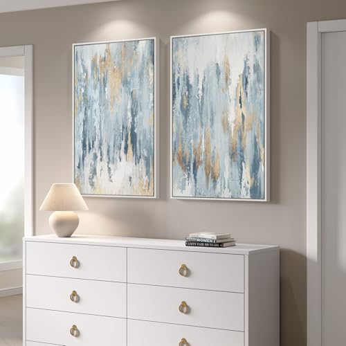Large White Framed Blue and Gold Abstract Wall Art for Living Room, 24x36 | 2 Piece, Canvas prints, Navy blue paintings, Modern minimalist artwork, Glitter pictures, Dining room bedroom wall decor - color: Blue Flow, size: 24" W x 36" H x 2Pcs