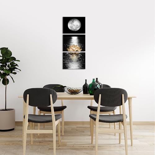 Artmyharbor 3 Pieces Vertical Black White Full Moon Wall Art | 12x16 Inches, Golden Lotus Moon Phase Landscape Print, Bedroom Office Apartment Decor