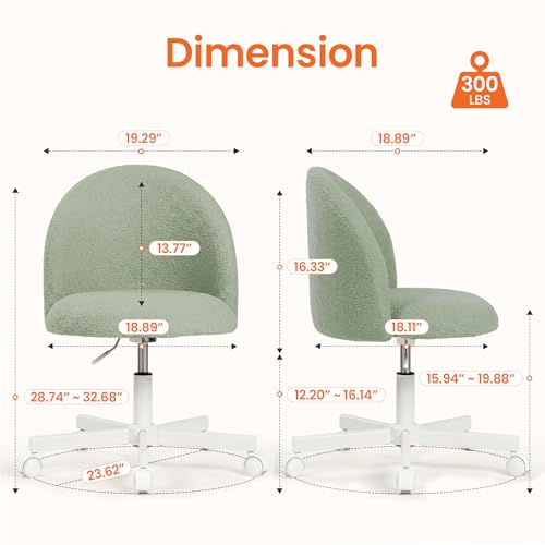 NEO CHAIR Vanity Chair with Wheels, Comfy Adjustable Armless Seat, Green | Small Cozy Teddy Fleece, Padded Comfortable Back Support, Durable Base for Makeup, Reading, Computer Use, or Office Tasks - color: Green