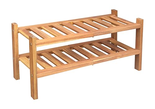 2-Tier Acacia Wood Stackable Shoe Rack - Brush Teak - color: Teak