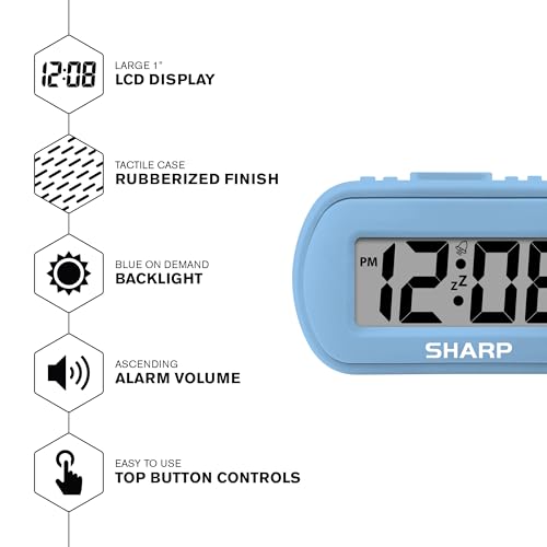 Sharp Battery Alarm Clock with Soft-Touch Case and Backlight, Light Blue | Soft-touch rubberized case; Battery operated; Blue backlight on demand; Ascending alarm; Snooze; Easy to use - color: Blue