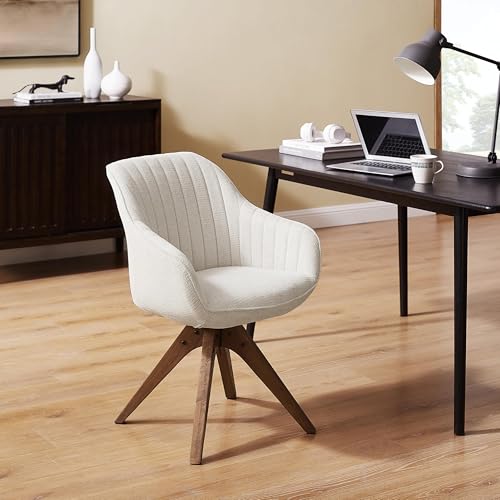 Swivel Desk Chair for Home Office, Fabric, Beige | No Wheels, Oka Wood Legs, Mid Century Modern, Upholstered, 360° Swivel, Accent Chair, Living Room, Bedroom - color: Beige, size: Fabric