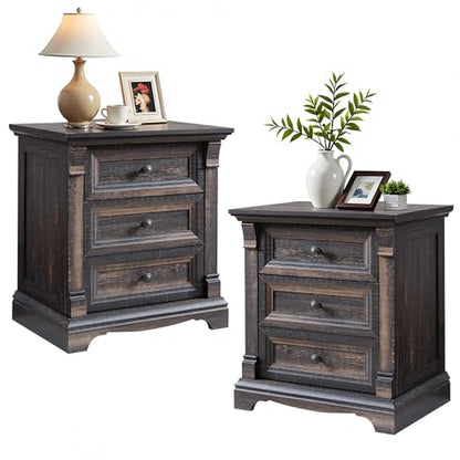 26"H Night Stand Set of 2, 23.6"W Wooden End Table with Charging Station | Wood Side Table w/Roman Column, End Tables Living Room Set Of 2, Bedside Cabinet for Bedroom, Living Room, Dark Rustic Oak - color: Dark Rustic Oak, size: 23.6"W x 15.7"D x 26"H