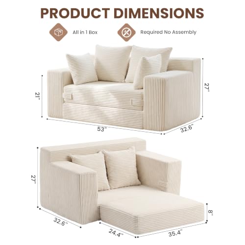 Boneless Mini Couch 53 Inch, 3 -in-1 Beige Boneless Couches Covertible Sofa Bed with 4 Pillows, Small Couches for Living Room, Bedroom, Small Space - color: Beige, size: 53 Inch