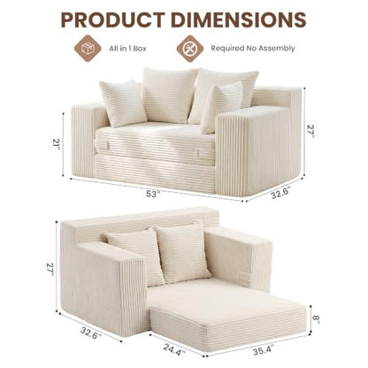 Boneless Mini Couch 53 Inch, 3 -in-1 Beige Boneless Couches Covertible Sofa Bed with 4 Pillows, Small Couches for Living Room, Bedroom, Small Space - color: Beige, size: 53 Inch