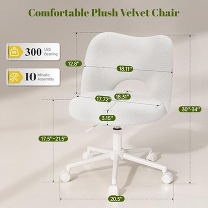 DurayLoly Vanity Chair with Open Back & Wheels White | Swivel, Fluffy Teddy Fabric, Height Adjustable,300lbs for Makeup Room, Vantiy, Bedroom - color: White