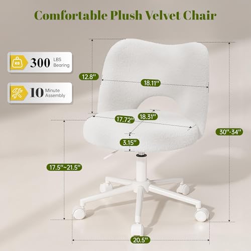 DurayLoly Vanity Chair with Open Back & Wheels White | Swivel, Fluffy Teddy Fabric, Height Adjustable,300lbs for Makeup Room, Vantiy, Bedroom - color: White