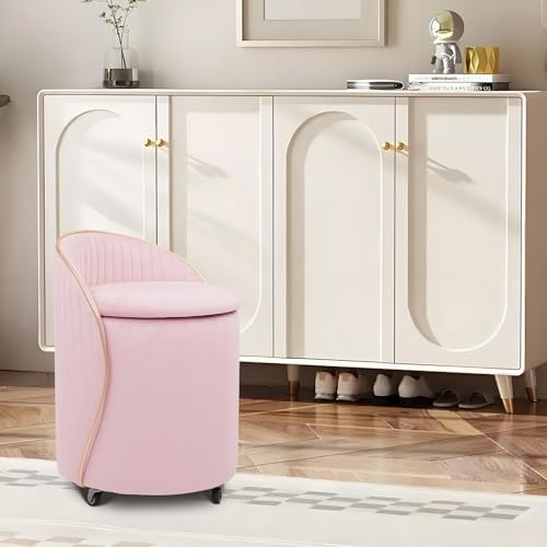 Round Storage Ottoman, Upholstered Velvet Vanity Stool with Lumbar Support, Swivel Rolling Wheels, Small Foot Stools Coffee Table Padded Seat for Makeup Room, Living Room, Bedroom (Pink) - color: Pink