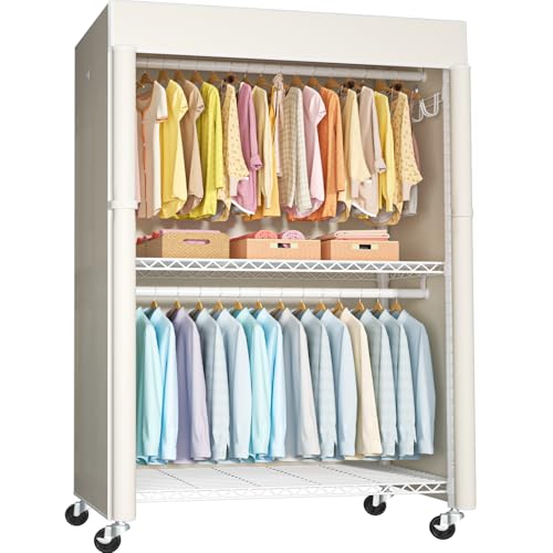 White Clothing Rack with Beige Cover, P1C Plus Rolling Closet | Metal Garment Rack with Wheels for Hanging Clothes, Portable Clothing Storage Wardrobe - color: White Rack with Beige Cover