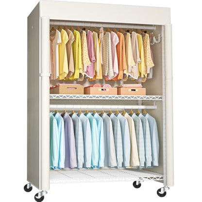 White Clothing Rack with Beige Cover, P1C Plus Rolling Closet | Metal Garment Rack with Wheels for Hanging Clothes, Portable Clothing Storage Wardrobe - color: White Rack with Beige Cover