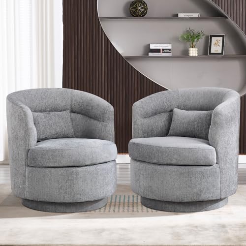 Swivel Accent Chair Set of 2, 360 Degree Round Swivel Barrel Chair with Pillow, Upholstered Comfy Barrel Armchair Single Club Sofa Chair for Living Room, Bedroom, Reading Room,Dark Grey - color: Dark Grey-set of 2