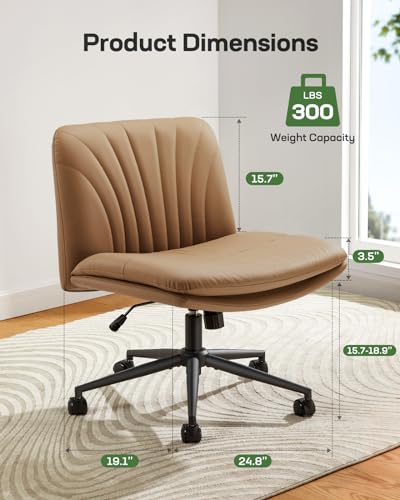 Marsail Armless-Office Desk Chair with Wheels: PU Leather Cross Legged Wide Chair,Comfortable Adjustable Swivel Computer Task Chairs for Home,Office,Make Up,Small Space,Bed Room, Brown - color: Brown