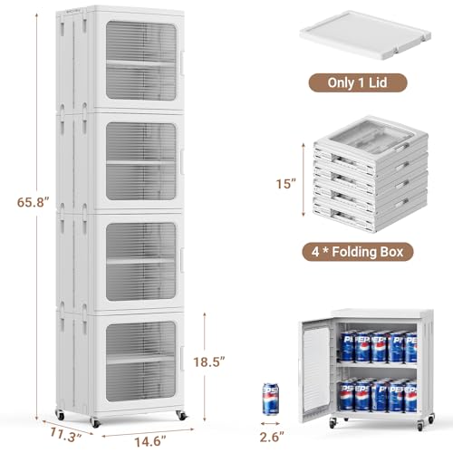 BROVIEW 4-Tier Tall Narrow Storage Cabinet 14.6” Wide, Slim Bathroom Cabinets with Adjustable Shelves and Doors, Plastic Kitchen Pantry Organizers and Storages for Small Space, Laundry, White - color: White, size: 4-Tier-14.6"W