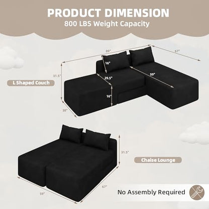 Boneless Sectional Couch, 4 in 1 Convertible Cloud Couch with Reversible Chaise & Deep Seat, Modular Sectional Sofa for Apartment, No Assembly Chenille Foam Couch in a Box, Black - color: Black, size: 89" Convertible Chaise Chenille