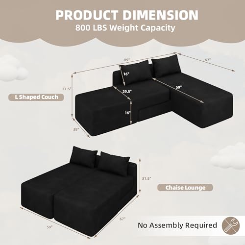 Boneless Sectional Couch, 4 in 1 Convertible Cloud Couch with Reversible Chaise & Deep Seat, Modular Sectional Sofa for Apartment, No Assembly Chenille Foam Couch in a Box, Black - color: Black, size: 89" Convertible Chaise Chenille