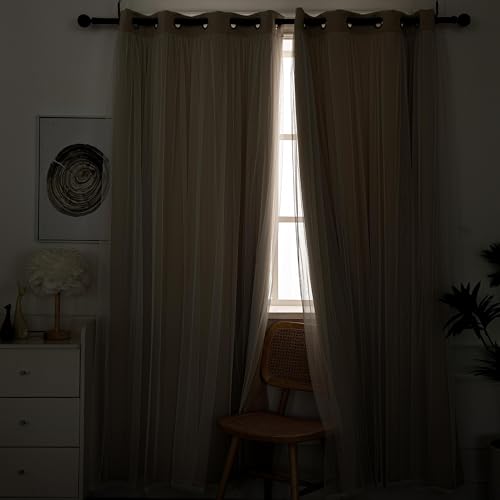 INLINAS Blackout Curtains with Sheer Overlay, Beige, 52x72 Inches | Grommet Top Double Layer Curtains for Bedroom and Living Room Thermal Reduction Light Blocking and Energy Saving, Set of 2 - color: Beige, size: 52"W x 72"L (Pack of 2)