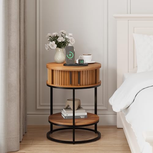 Turtle&Myrtle Small Round Side Table with Storage, 2-Tier Wooden End Table with Sliding Door and Shelf, Mid-Century Circle Nightstand for Living Room, Bedroom, Walnut - style: Mid-Century Modern