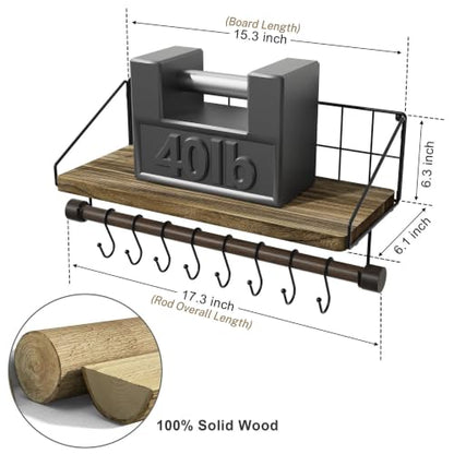 Alsonerbay Floating Shelf for Wall with Wooden Towel Bar, Carbonized Black | 8 removable hooks, rustic finish, space-saving, holds utensils & mugs, easy installation, kitchen & bathroom use - color: Carbonized Black