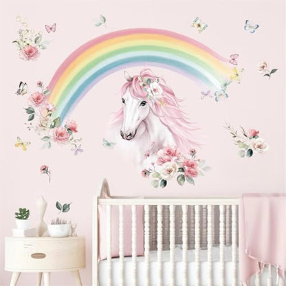 wondever Large Rainbow Wall Decals Horse Flower Peel and Stick Wall Art Stickers for Girls Bedroom Kids Room Baby Nursery - color: Horse