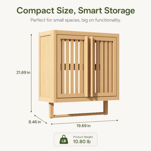 Bamboo Wall Cabinet, 2-Door Bathroom Storage with Towel Bar | Over The Toilet Storage with Adjustable Shelf, Wall Mounted or Countertop Cabinet for Bathroom, Kitchen & Laundry Room