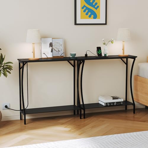 ARTPOWER Console Table with Built-in Power Outlets, Wood Narrow Behind Couch Sofa Table with Charging Station, Skinny Entryway Table with Open Shelf for Living Room, Hallway, Foyer,Set of 2, Black - color: Black, size: 2-packs