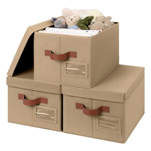 GRANNY SAYS Storage Bins with Lids, Decorative Storage Boxes with Lids | Storage Box with Dust Cover, Handles & Lable, Collapsible, Ideal for Closet Clothes Blanket Toys, Medium, Brown, 3-Pack - color: Brown, size: Medium