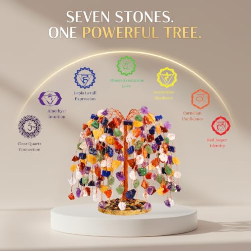Seven Chakra Crystal Tree of Life – Handmade Gemstone Money Tree for Good Luck, Positive Energy | Feng Shui Home Office Desk Decor | Spiritual Gift for Women, Mom, Birthday, Christmas, Housewarming - color: N4- 7 Chakra Tree Slice Base Khajuri 300 Beads (