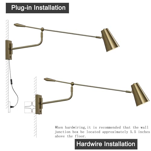 Adjustable Direction Swing Arm Wall Lamp, Gold, 33 Inch | Rotatable Activity, Dual Power Modes Plug-in/Hardwired, Indoor Large Wall Mounted, For Bedroom Living Room Dining Room - color: Dold