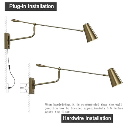 Adjustable Direction Swing Arm Wall Lamp, Gold, 33 Inch | Rotatable Activity, Dual Power Modes Plug-in/Hardwired, Indoor Large Wall Mounted, For Bedroom Living Room Dining Room - color: Dold