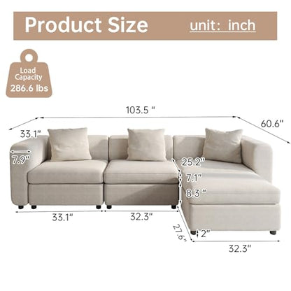 Miuuod Modern Sectional Sofa with 1 Storage Ottoman L Shape Modular Couch 3 Seat Convertible Sectional Couch Deep Seat Living Room High Resilience Cushions for Apartment Home Lounge Beige - color: Beige, style: 4 Seats（3 Seats with 1 Ottomans）