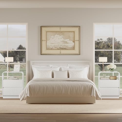 White Nightstands Set of 2 with Charging Station, Mid Century Modern End Tables & Bedside Tables, Fluted Wood Small Night Stands with 2 Hidden Drawers and Storage Shelf for Bedroom - color: White, style: 2 Drawers-2 PCS