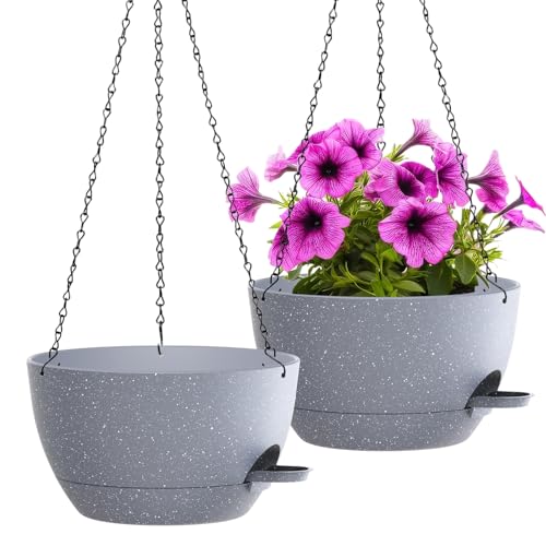 WOUSIWER Self Watering Hanging Planters, 2 Pack 12'' Plastic Pots with Drainage Holes & Reservoir Tray (Speckled Grey) | Indoor & Outdoor Use for Ferns, Ivy, Herbs, Succulents - color: Grey Speckled, size: 2 Pack 12 inches