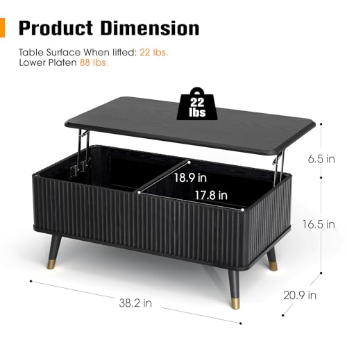 JOINICE 38" Lift Top Coffee Table with Storage for Living Room,Black | Large Hidden Storage,Minimalist Modern Style,Fluted Center Table with Wooden Legs,Lifts to 23",Holds 88lbs,Easy Assembly - color: Black_rectangle