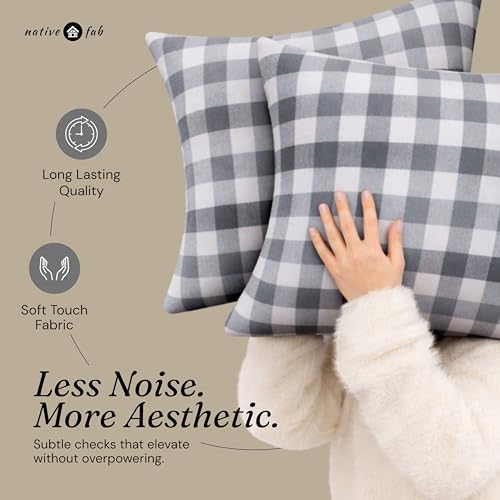 Native Fab Throw Pillow Covers 2 Pack, 20x20 Inches, 100% Cotton, Woven Gingham Plaid, Premium Decorative Cushion Cases, Modern Farmhouse Decor for Living Room, Sofa, Couch, Stone & Charcoal Grey - color: Gingham Stone & Charcoal Grey, size: 20" x 20" (Pa