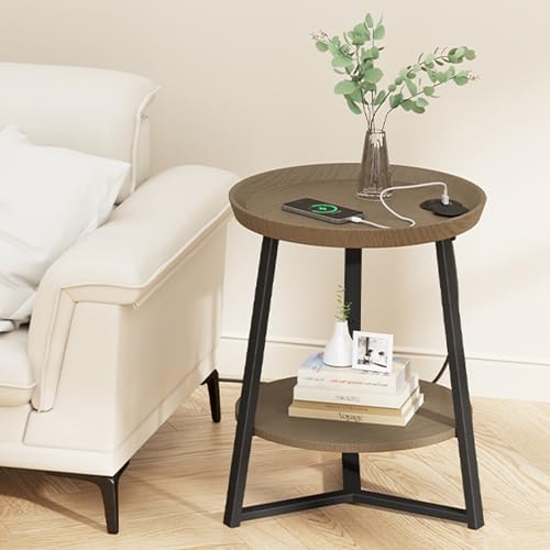 Round End Table with Charging Station, USB Ports, Wood Tabletop & Black Metal Frame, 2-Tier Side Table for Living Room, Bedroom, Walnut Color 15.7 * 15.7 * 23.0inches - color: Walnut, size: 15.75"D x 15.75"W x 23"H (with Charging Station)