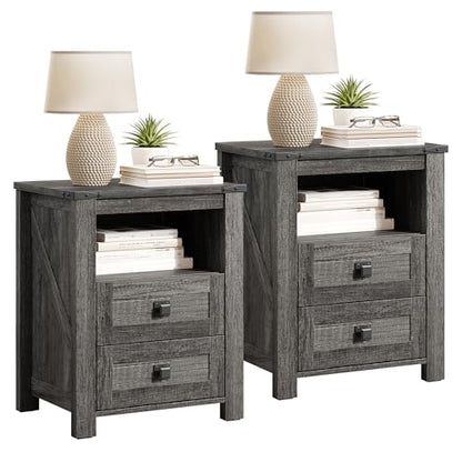 AMERLIFE Farmhouse Wood Nightstand Set of 2, End Table with Drawers, Grey | Narrow/Small 18" Bedside Table with Open Shelf, Wooden Night Stand for Bedroom/Home Office, Rustic Grey Oak - color: Rustic Grey