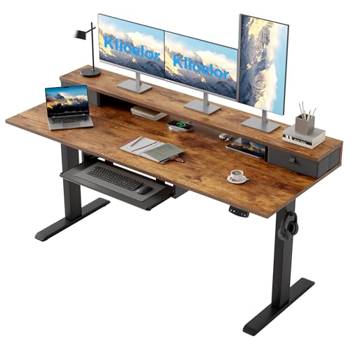 Klicelor 63 x 24 Inch Electric Standing Desk with Drawers and Keyboardtray, Adjustable Height Small Sit Stand Desk for Home Office, Compact Computer Workstation with Storage- Rustic Brown - color: Rustic Brown, size: 63 x 24 Inch with keyboard tray